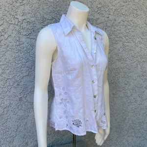 Richard Malcolm 100% Irish Linen White Button Down Shirt with Floral Embroidery